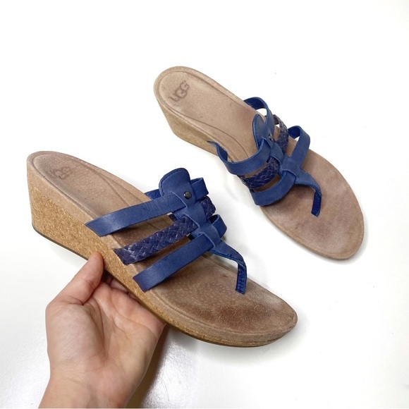 Ugg Maddie Leather Cork Wedge Sandals Blue 8.5 - Picture 1 of 5